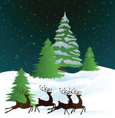 Winter snowy landscape vector illustration featuring running reindeer and pine trees on a dark background with falling snow © amodha