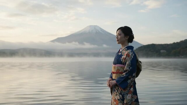 Yukata woman standing by calm lake water during peaceful summer