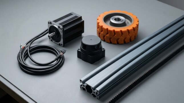 Knolling arrangement of automated warehouse components with brushless servo motor, optical lidar sensor, polyurethane drive wheel, aluminum grid rail segment, and timing belt on workbench.