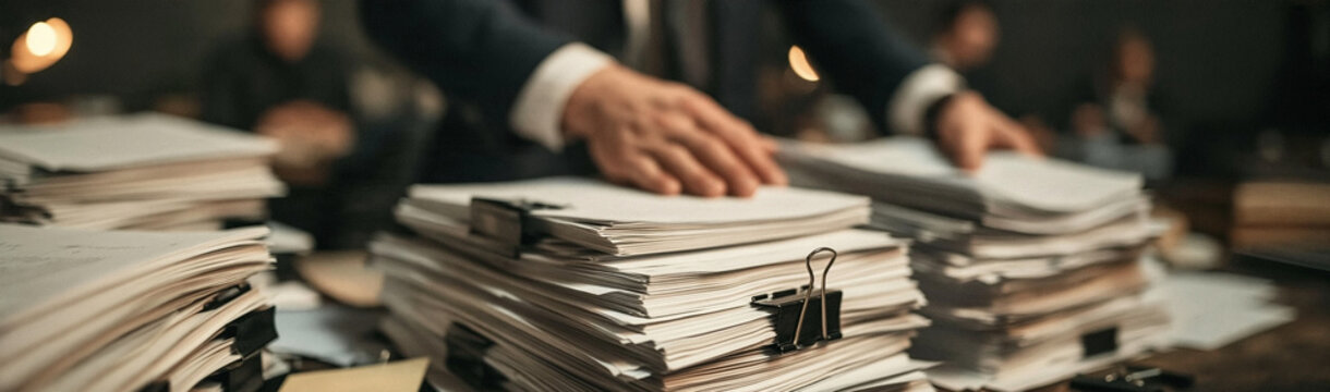 Business Hand on Documents: A person's hand rests on stacks of paper files, symbolizing administrative workload and professional diligence in an office setting.
