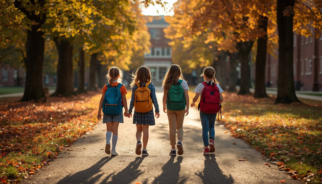 Four school children with backpacks walking toward a school building on an autumn path, back to school