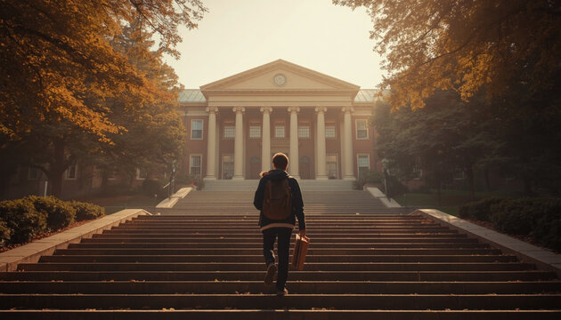 University student with backpack and books walking up stone steps to an old campus library in autumn