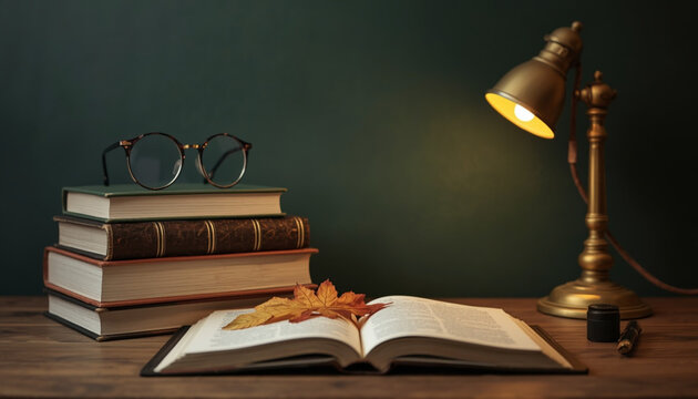 Stack of books with glasses, open book and brass desk lamp on a wooden desk, classic scholarly still life