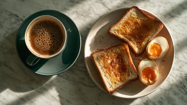 Flat Lay of Traditional Southeast Asian Breakfast with Kopi and Kaya Toast