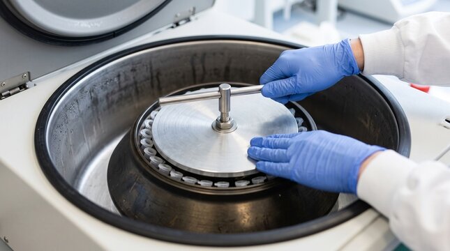 Scientist using laboratory centrifuge to secure biological samples