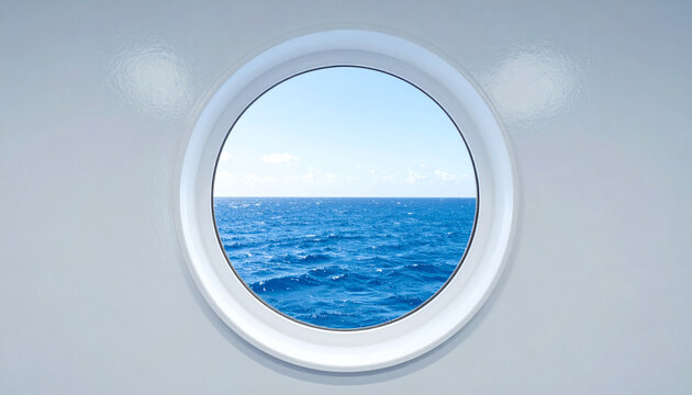 Porthole window view showing blue ocean waves and clear sky from inside a cruise ship cabin during sunny day