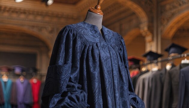 Medium shot of a bachelors academic gown rental displayed on a mannequin with the focus sharply on the detailed fabric and blurred background of similar attire
