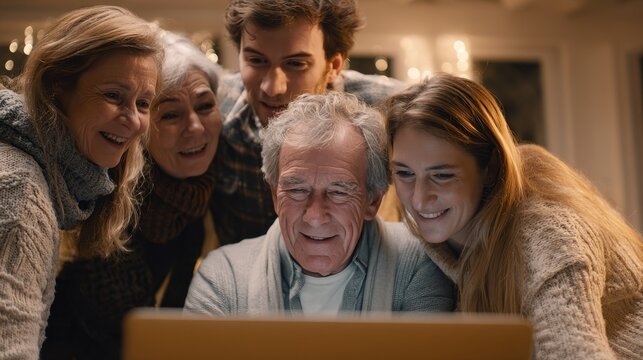 Family gathers around a laptop to share memories and support one another during an online memorial service.