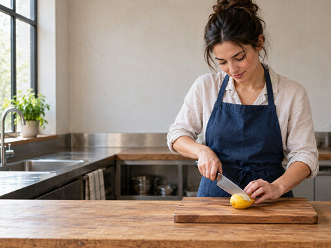 Fictional food worker performing one readable preparation step in a sm