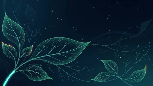 Abstract glowing green botanical leaves with glowing veins and particles on dark background