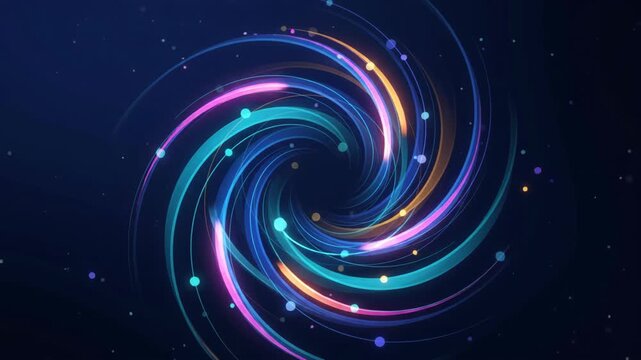 Abstract futuristic swirling vortex with glowing neon light particles and cosmic lines