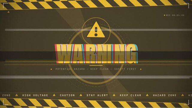 Warning security alert camera interface with hazard symbols and caution tape borders