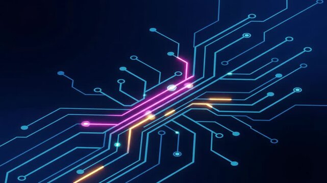 Digital circuit board background with glowing data signals moving along tracks