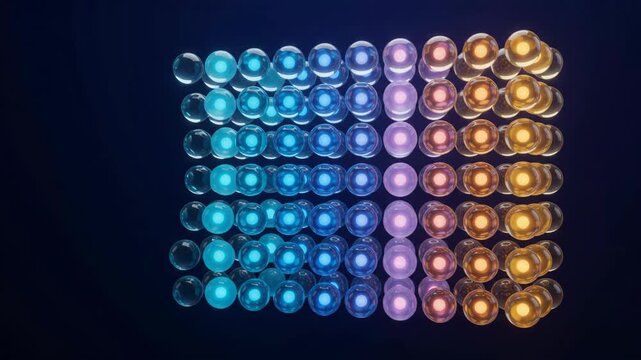 Abstract glass bead wave sculpture motion with glowing colorful spheres in a grid