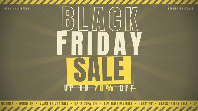 Dynamic black friday sale promotional video with glitch effect and warning stripes