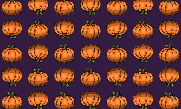 Seamless pattern featuring orange pumpkins on a solid dark purple background pumpkin autumn harvest fall season