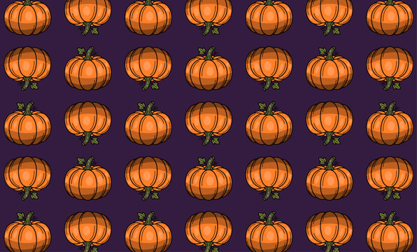 Seamless pattern featuring orange pumpkins on a solid dark purple background pumpkin autumn harvest fall season