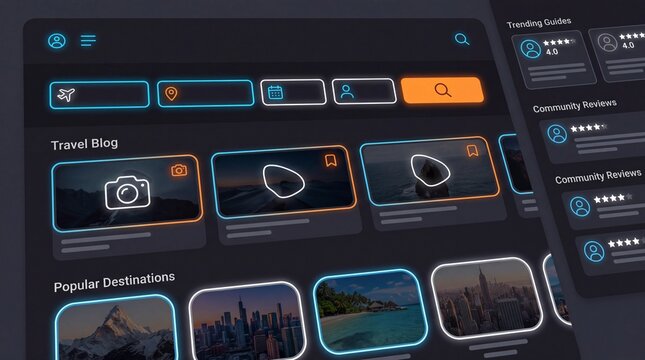 Modern Travel Application Interface Design with Glowing Neon UI Elements
