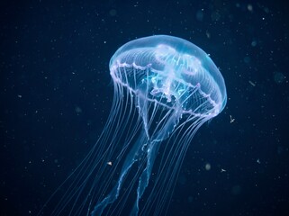 Glowing moon jellyfish swimming in deep dark blue ocean water with © Tasmiya