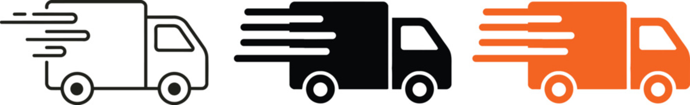 Three delivery truck motion icons depicting fast transport services in varying styles