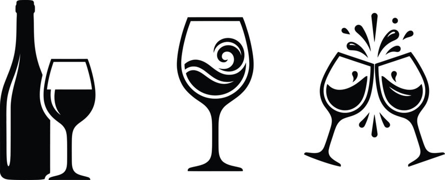 Set of wine icons showing glass stemware and bottle beverage service with collection restaurant celebration