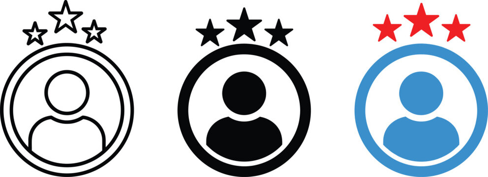 Three user profile symbols with star ratings represented in flat icon design white background feedback pictogram isolated minimalist customer