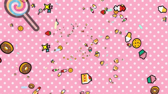 Kawaii sweets background pattern with pink polka dots and pixel food