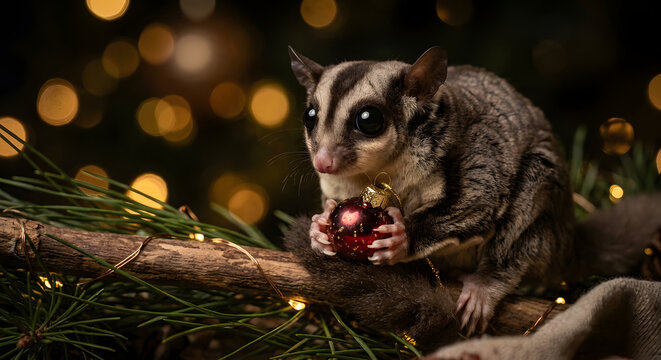 Sugar glider holding tiny Christmas ornament in its paws, macro close-up