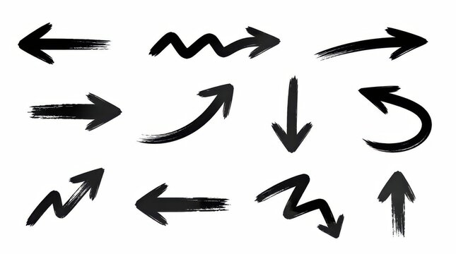 Collection of thirteen distinct directional pointers, some with a paintbrush stroke effect, indicating various paths and movements across a blank canvas, representing choices and navigation