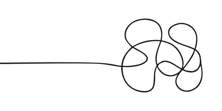 Black tangled scribble line knot with continuous one line drawing on white background. Abstract messy doodle chaos graphic in minimal style. Perfect for confusion, problem, and concept design.