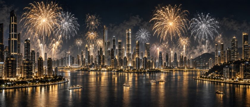 Spectacular New Year's Eve fireworks display exploding over a dazzling modern city skyline at night with golden reflections on the calm river water and luxury boats cruising the harbor.