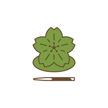 A stylized green cherry blossom flower icon with a brown wooden stick underneath.
