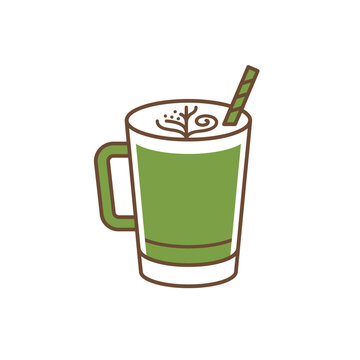 A stylized illustration of a matcha latte in a glass mug with a straw.
