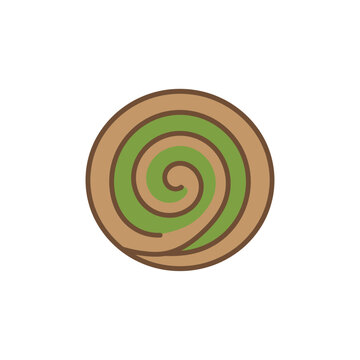 A stylized circular graphic featuring a swirling pattern of green and tan colors.