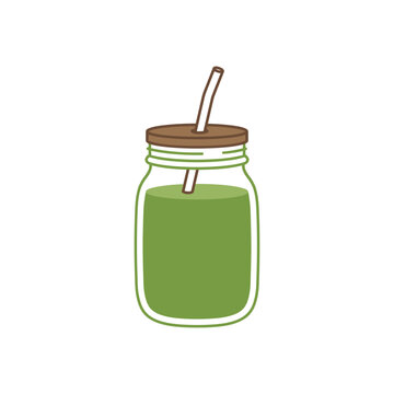 A simple hand drawn illustration of a green smoothie in a mason jar with a straw.