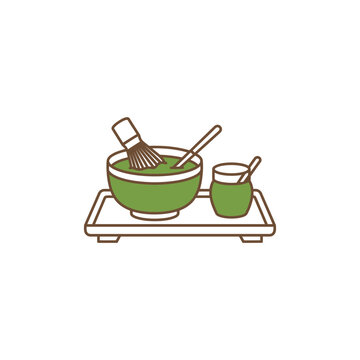A minimalist illustration of a matcha tea set on a wooden tray.
