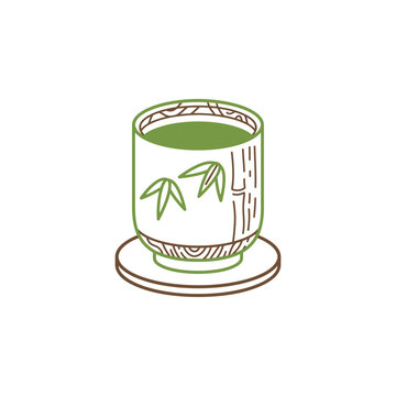 A simple line art illustration of a traditional Japanese tea cup with bamboo patterns.