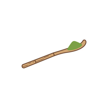 A simple hand drawn illustration of a bamboo matcha tea scoop with green powder.