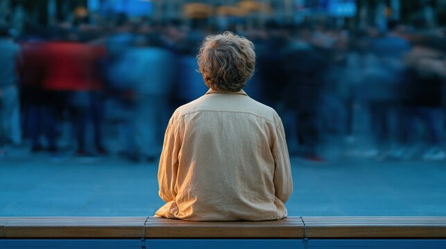 Rear view of older adult sitting alone on wooden bench, watching blurred crowd in public square, with warm evening light and quiet reflection
