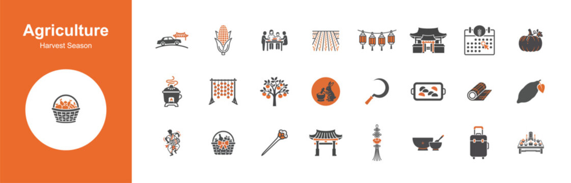 A comprehensive collection of agriculture and farming themed icons featuring various tools crops livestock and rural structures depicted in a clean modern vector style.