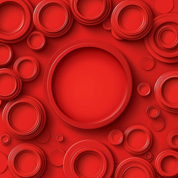 Abstract red background with various sized 3D circles and rings, creating a dynamic, layered geometric pattern with subtle shadows