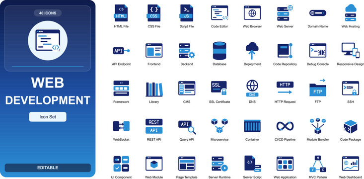 Web Development icon set. Featuring icons of server, css, hosting, website, html, frontend, browser, and more. Filled glyph icons in blue and navy. Vector illustration