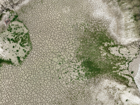 Aerial view of cracked dry earth with patches of green vegetation in Jelgava, Latvia.