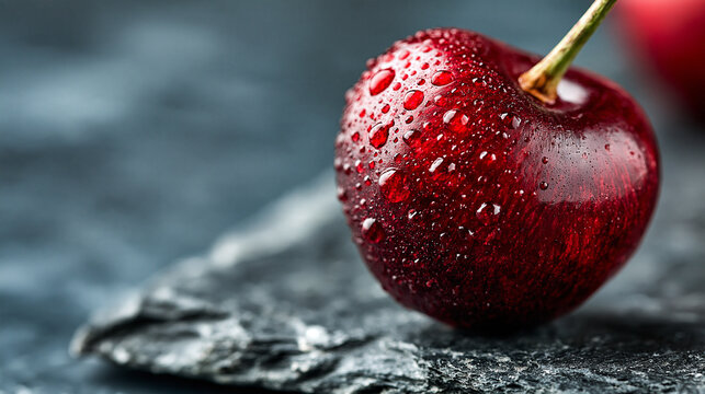 Macro shot of a single wet red cherry on slate surface with sweet stone fruit