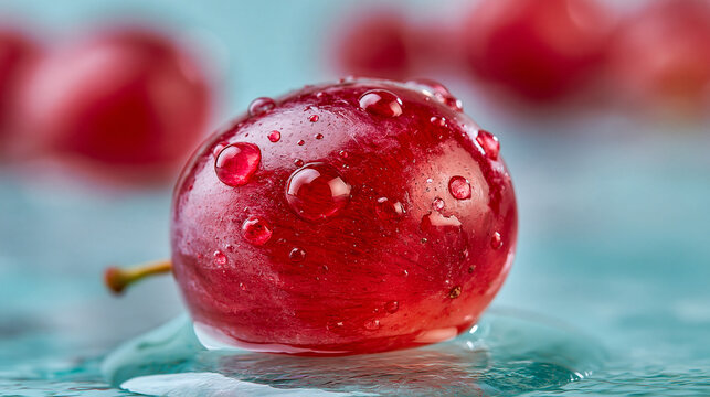 Fresh red cherry berry covered in water drops on a wet surface with close