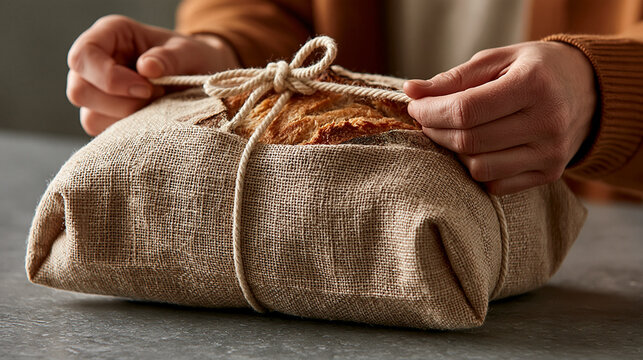 Person tying a twine rope around a rustic package wrapped in burlap with wrapping