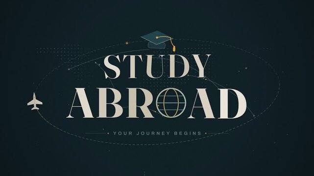 Study abroad education concept title animation with airplane and graduation cap