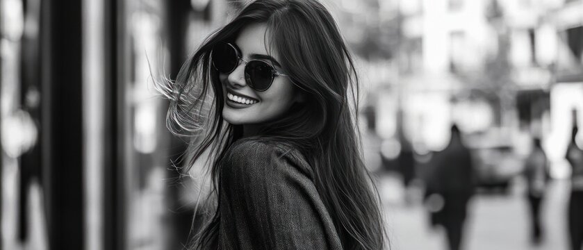 Woman in sunglasses smiles in city street
