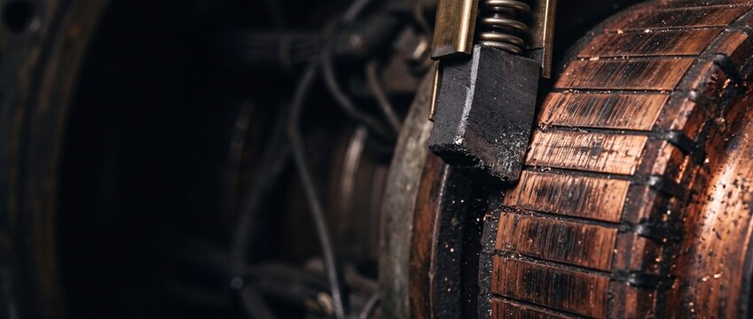 Carbon brush and copper rotor in old electric motor for power generation.