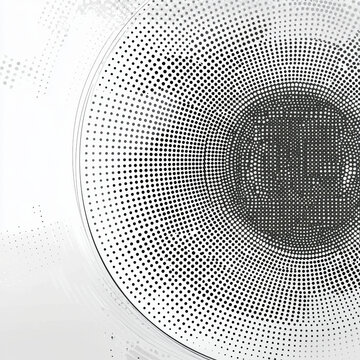 Black and white abstract halftone pattern with concentric circles of varying dots, creating a dynamic radial composition on a light background